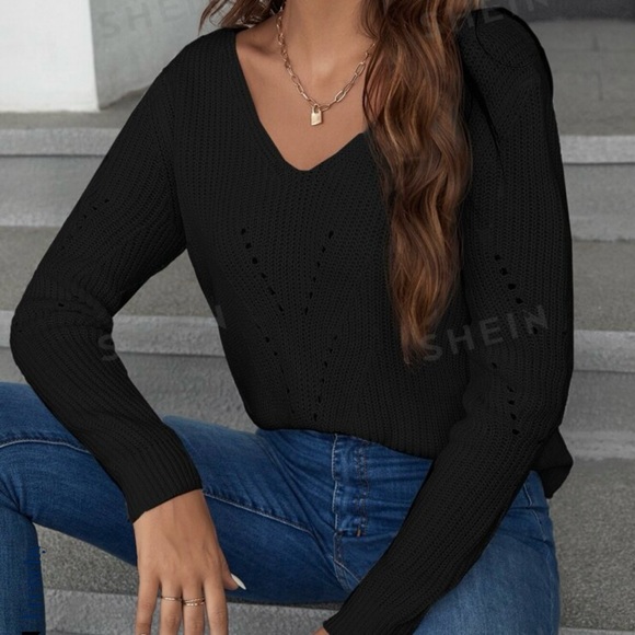 ☀️ SHEIN Bow frenchy contrast guipure lace bow bsck eyelet detail sweater size M - Picture 3 of 3